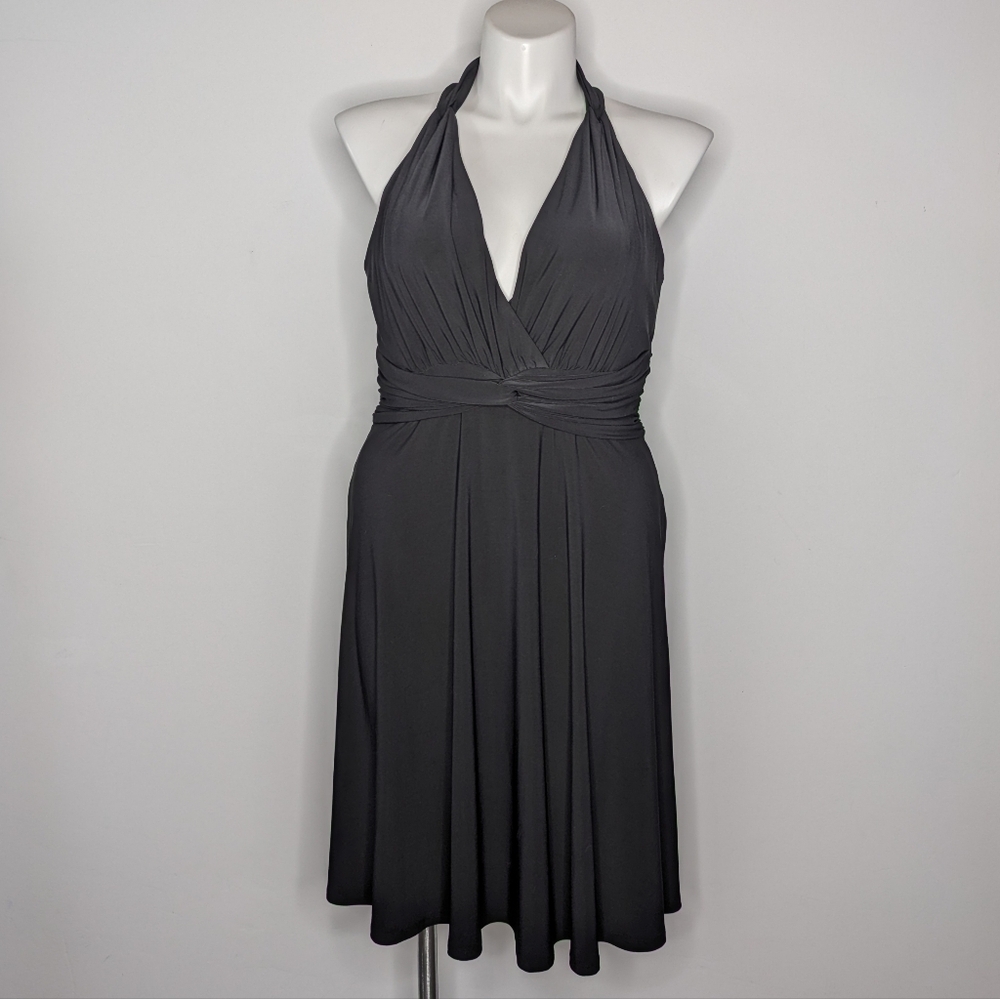 Vintage Evan-Picone Black Twist Front Sleeveless V Neck Knee Length Dress 14